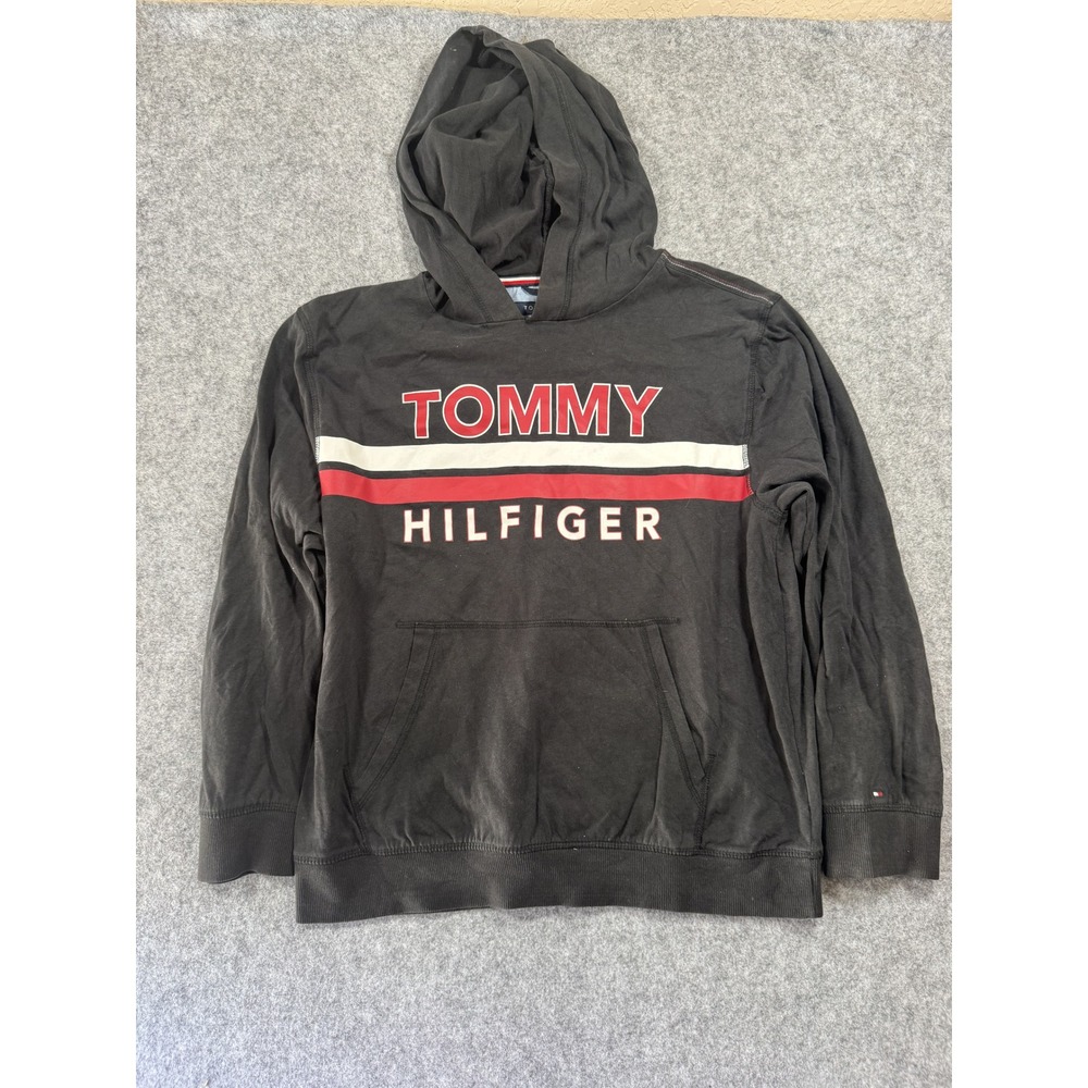 Tommy Hilfiger Logo Stripe Hoodie Large 16/18 Black Cotton Blend Pullover